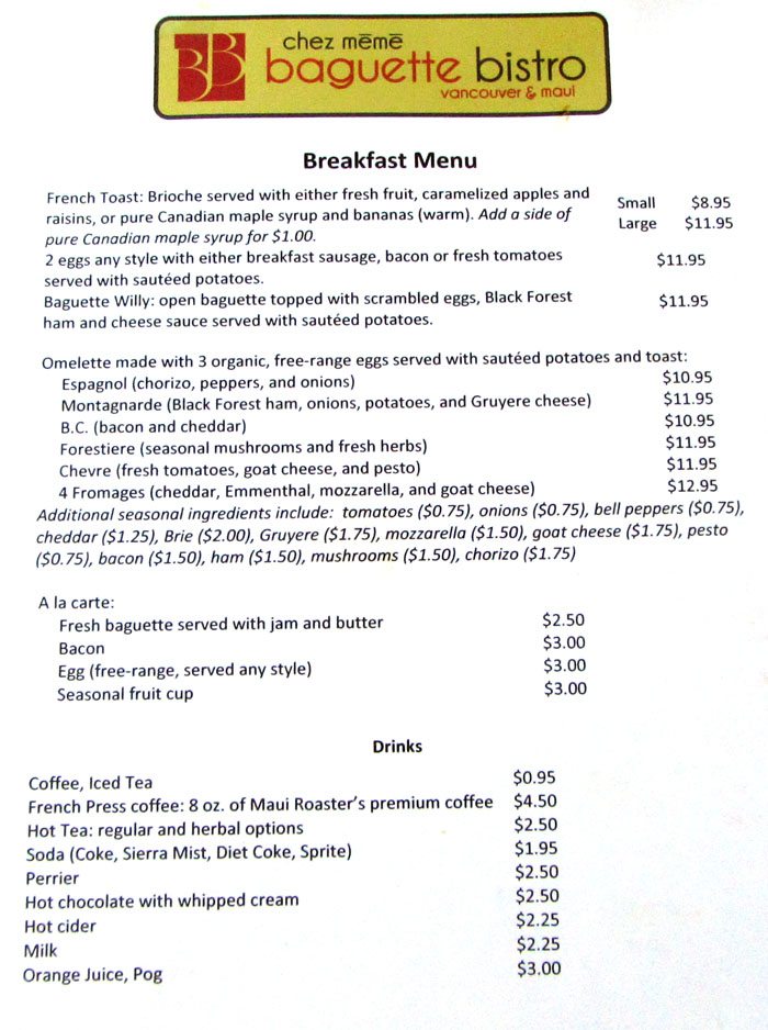 Baguette Bistro Menu Maui Restaurant Maui Vacations Hawaii Vacation