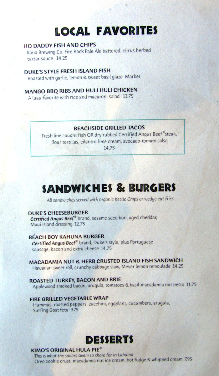 Dukes Menu Maui Restaurant