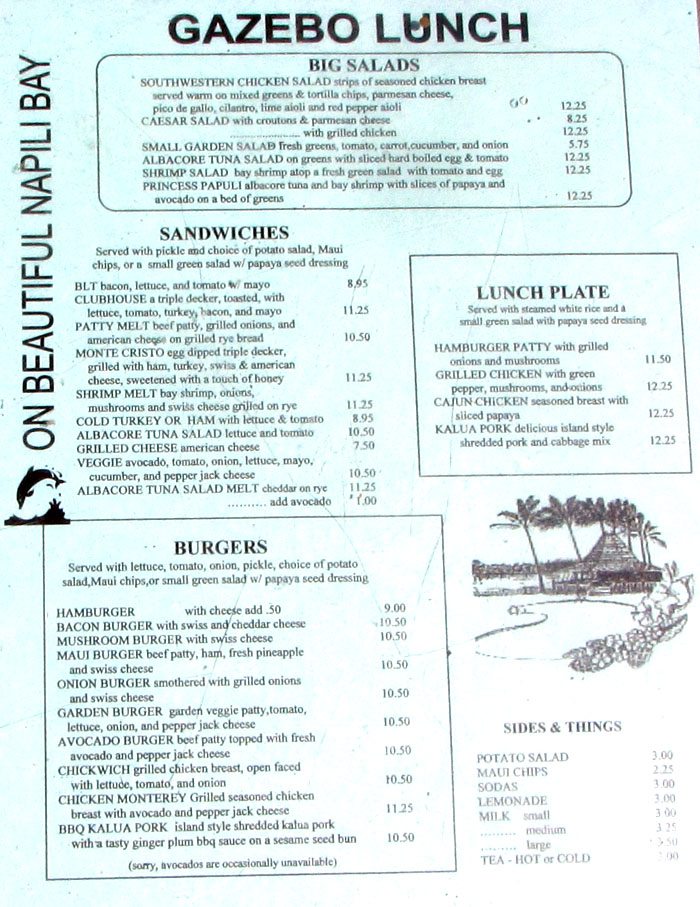 Gazebo Menu Maui Restaurant Maui Vacations Hawaii Vacation Jon's Maui Info