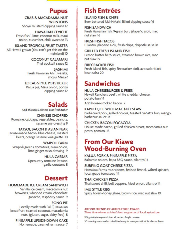 Hula Grill Menu Maui Restaurant