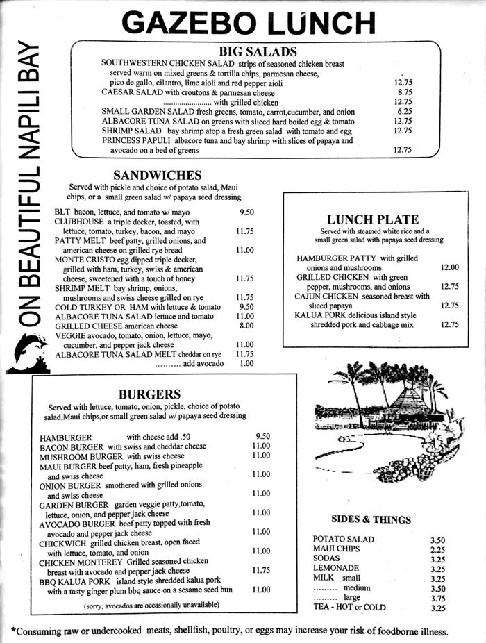 Gazebo Maui Menu Lunch