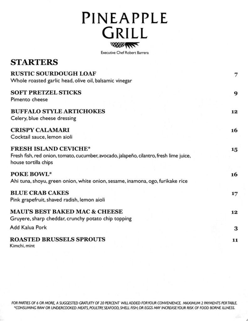 Pineapple Grill menu dinner page 1