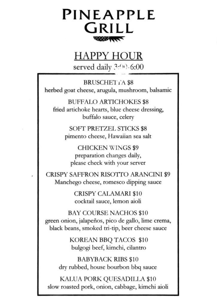 Pineapple Grill Happy Hour menu