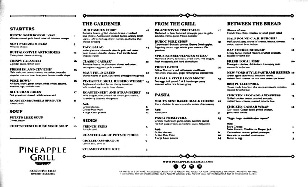 Pineapple Grill menu lunch