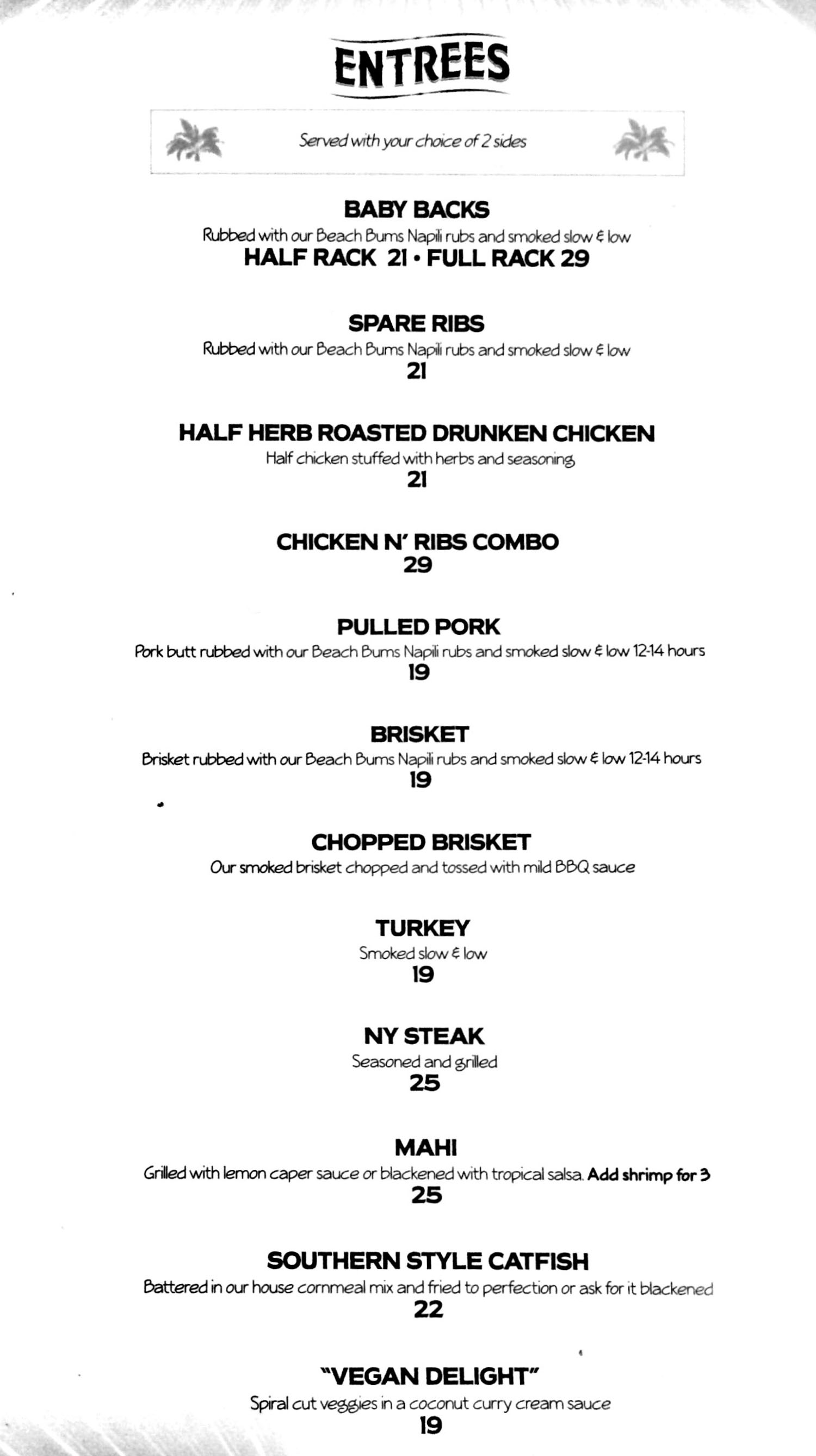 Beach Bums Napili Menu Entrees
