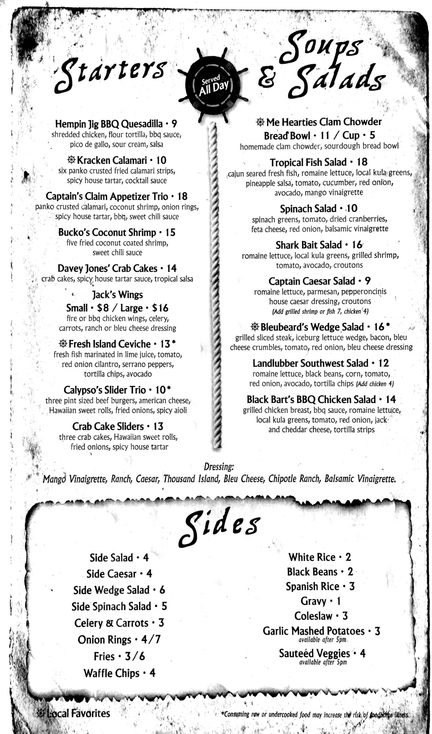 Captain Jacks Menu page 1