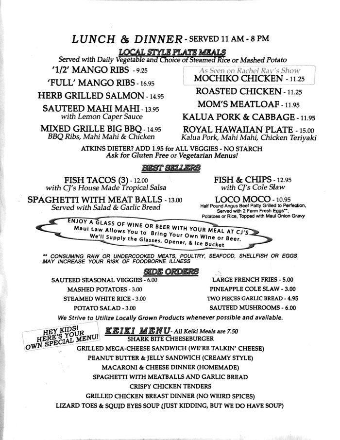 CJ's Deli & Diner menu