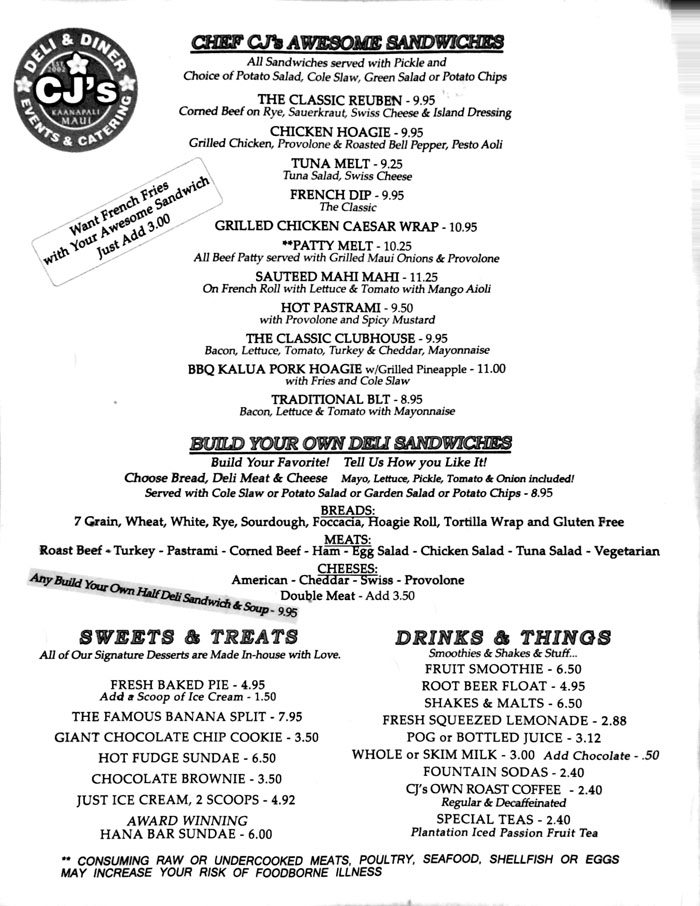 CJ's Deli & Diner menu