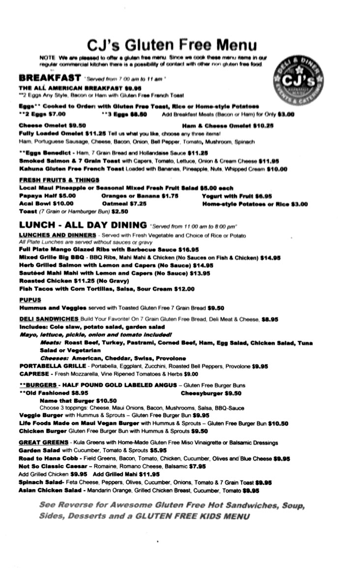 CJ's Deli & Diner menu