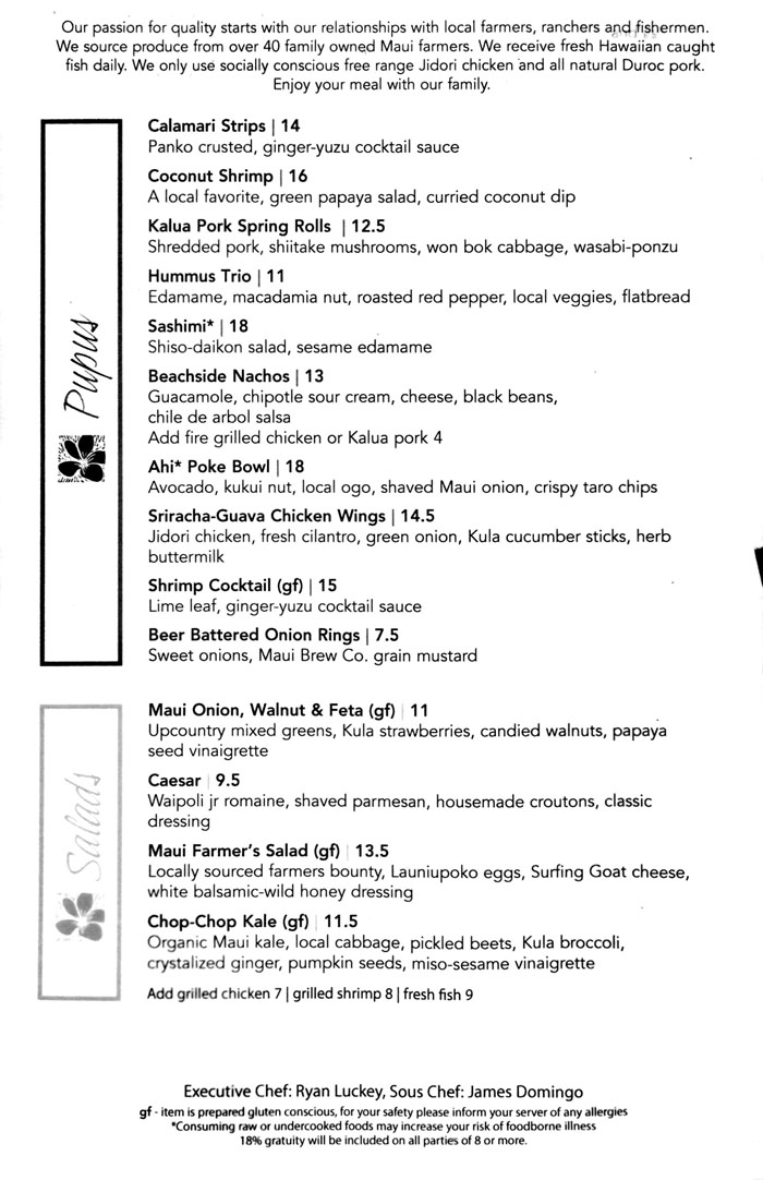 Leilanis menu beachside grill downstairs page 1