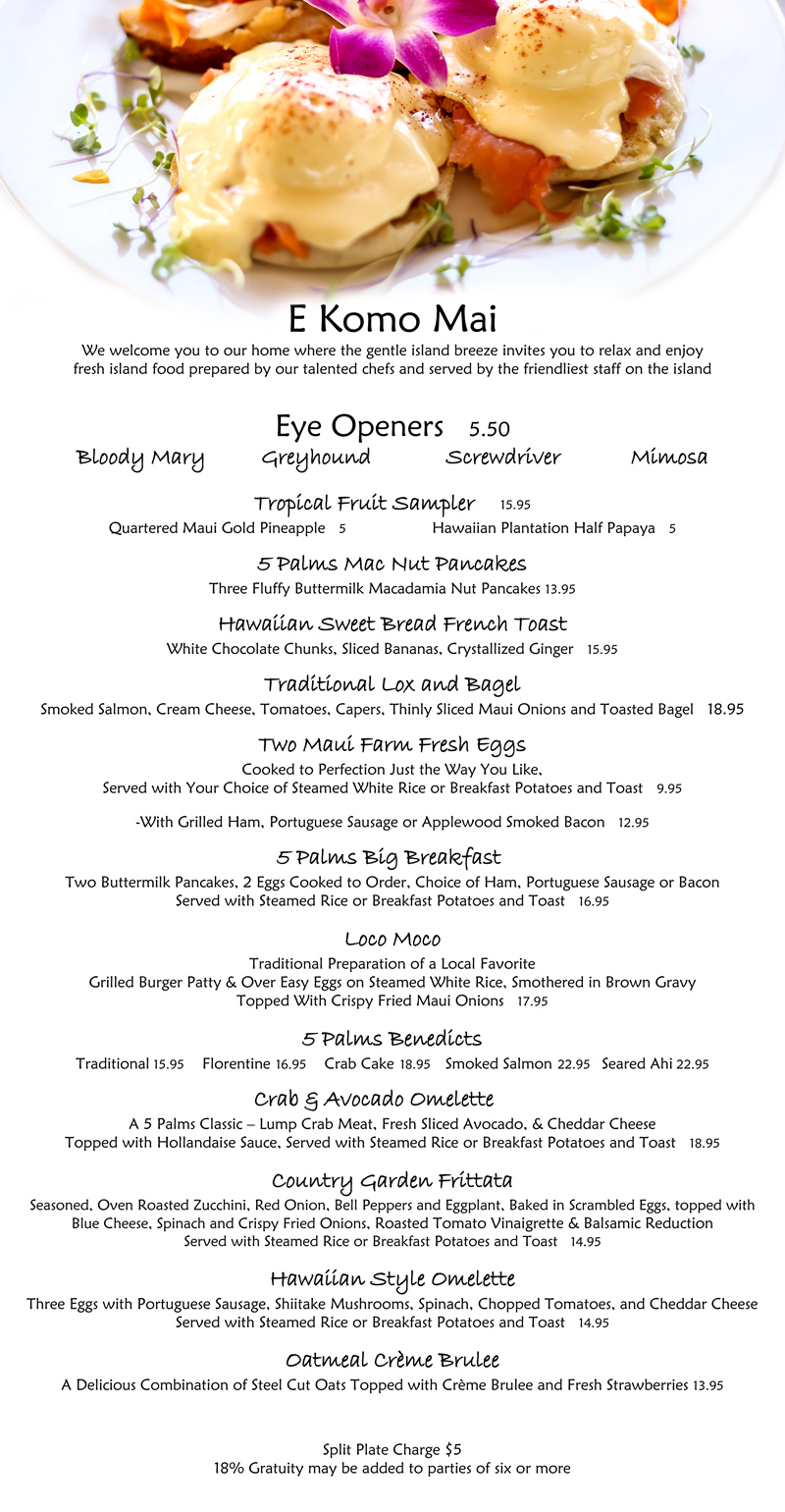 5 Palms breakfast menu