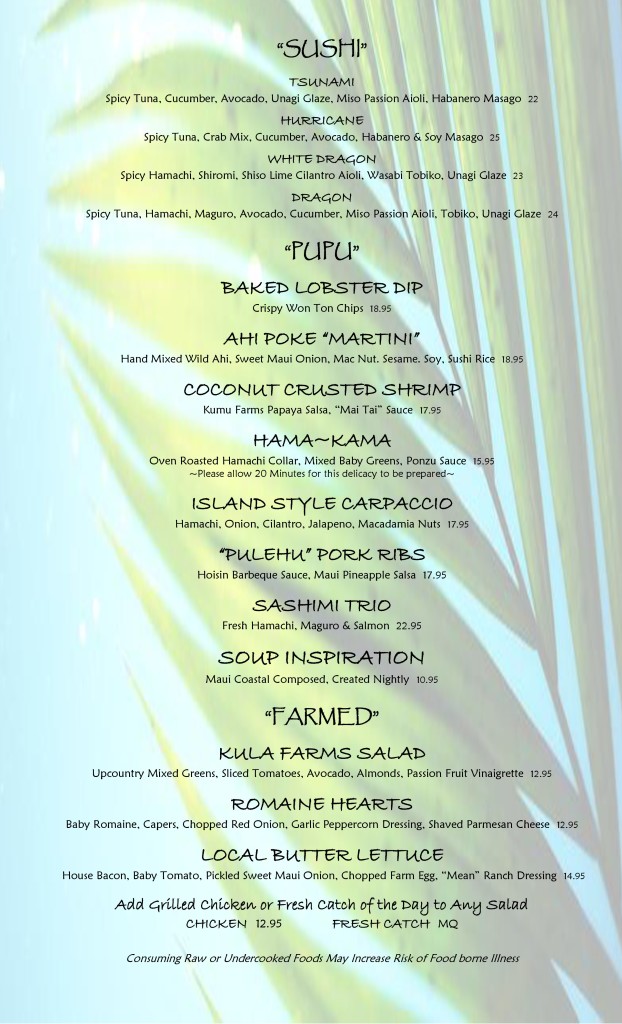 Five Palms dinner menu
