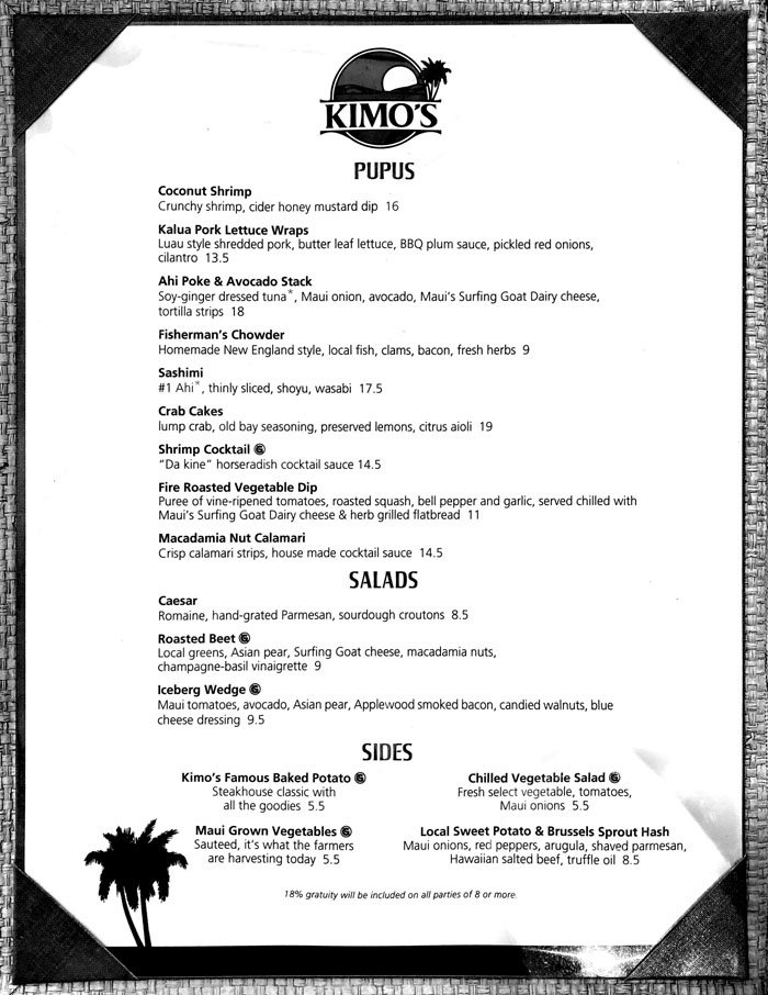 Kimo's dinner menu