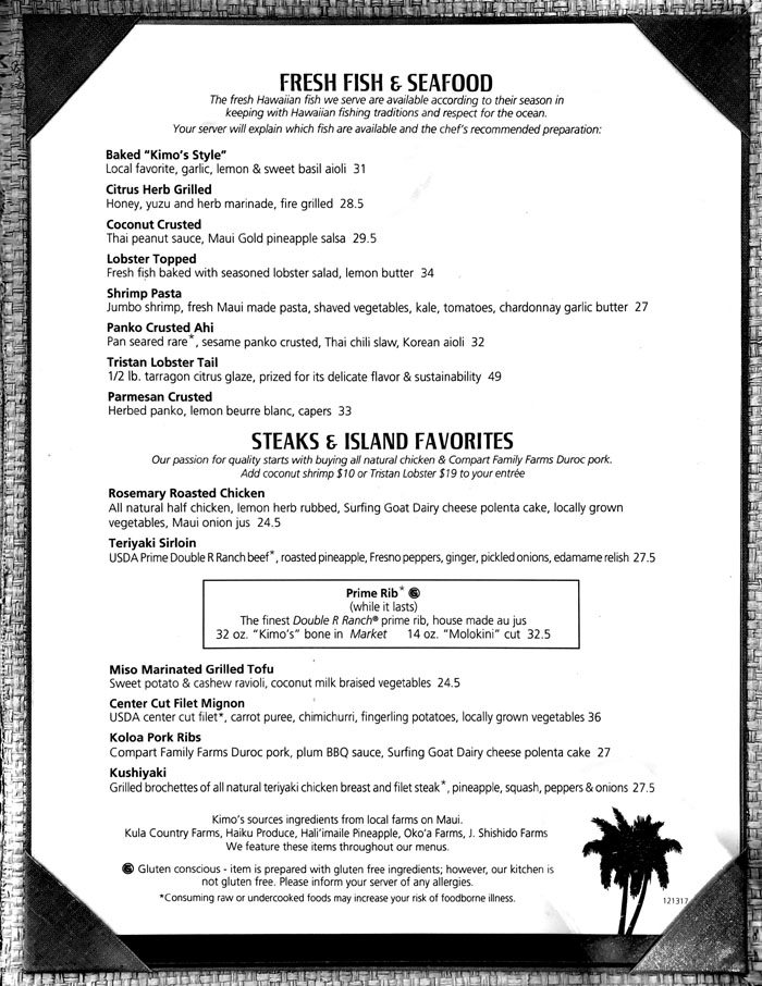 Kimo's dinner menu